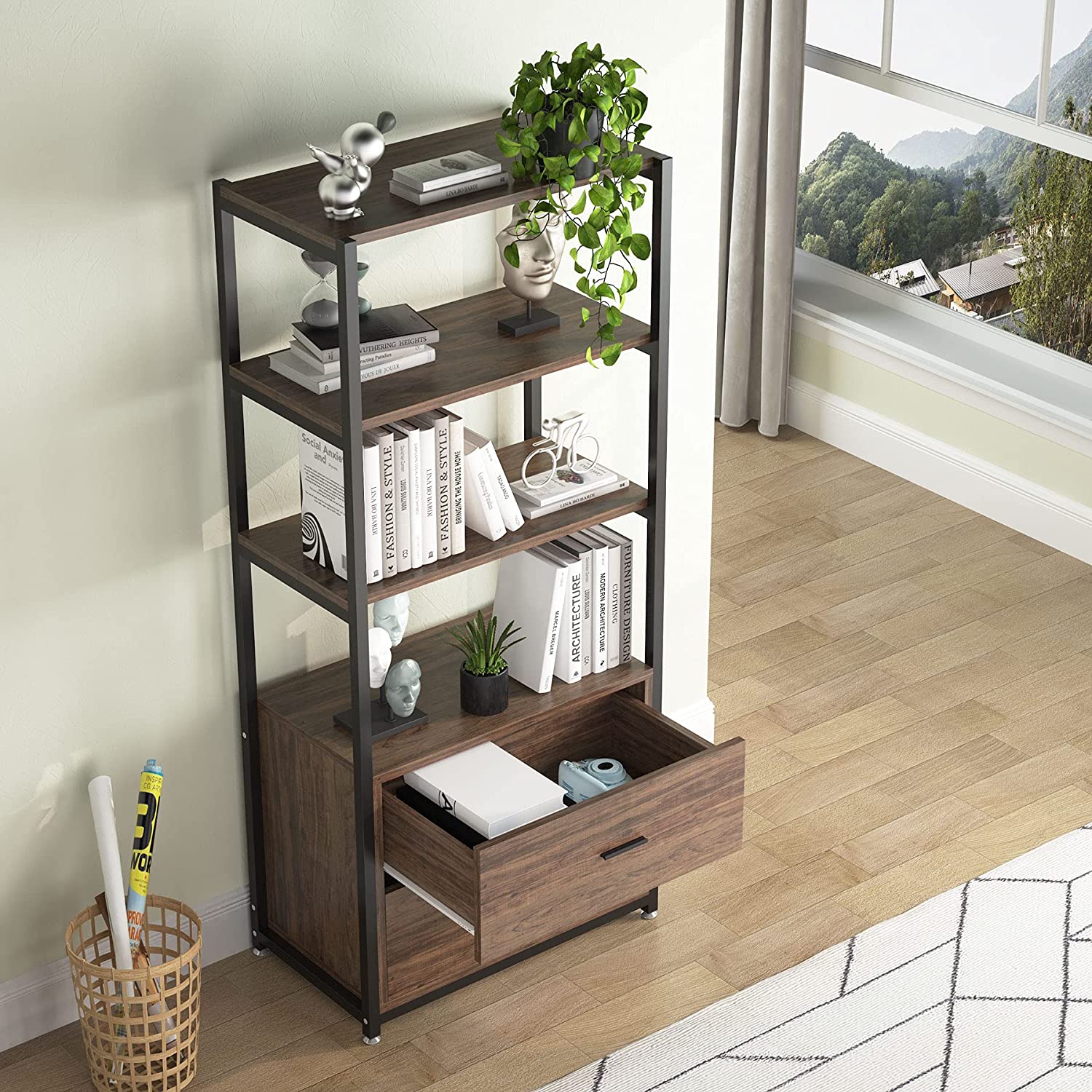 2-Drawer Bookshelf with Open Shelves