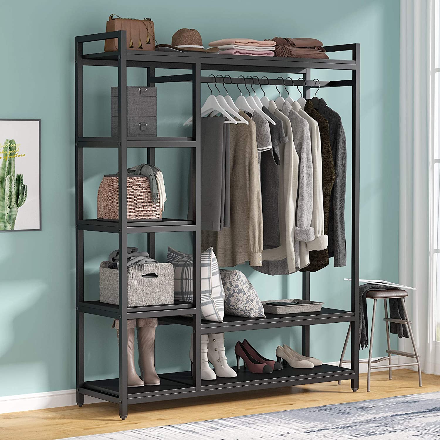 Closet Organizer with 6 Shelves and Hanging Bar