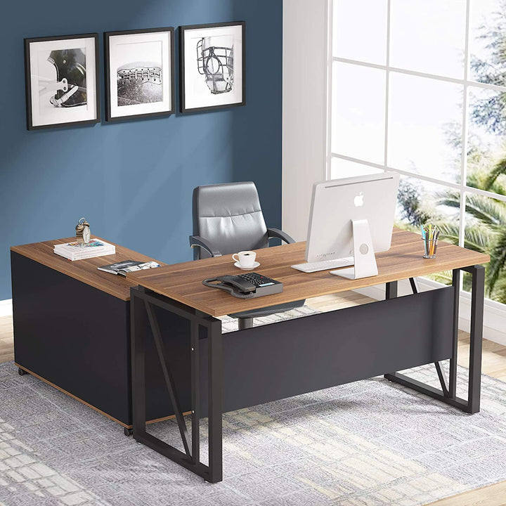 L-Shaped Executive Desk with Lateral File Cabinet