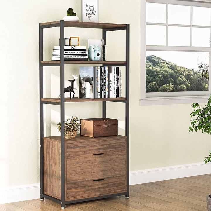 Little tree Bookcase with 2 Drawers Vintage Industrial Etagere Standard Bookshelf in Rustic Multiple 4 Tier Bookcases Storage Cabinet for Home Office Organizer Little Tree