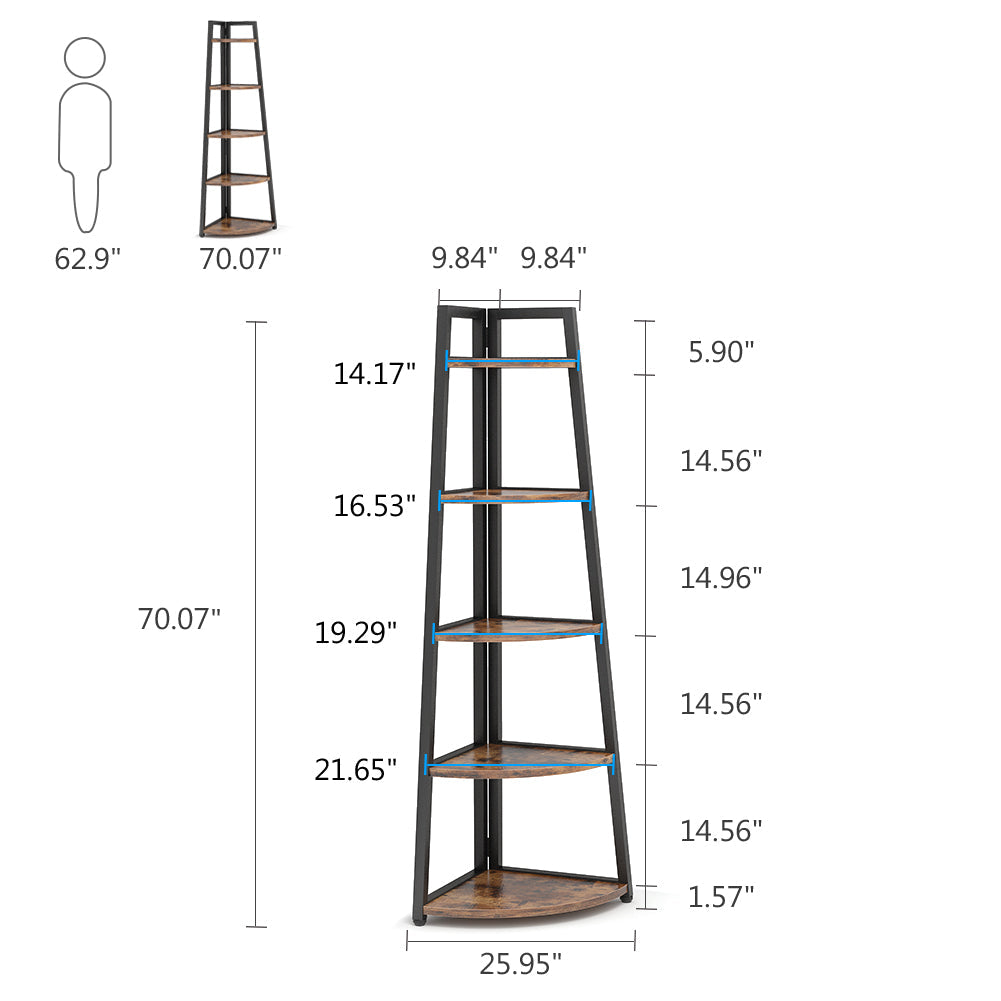 5-Tier Corner Shelf, 70" Corner Bookshelf