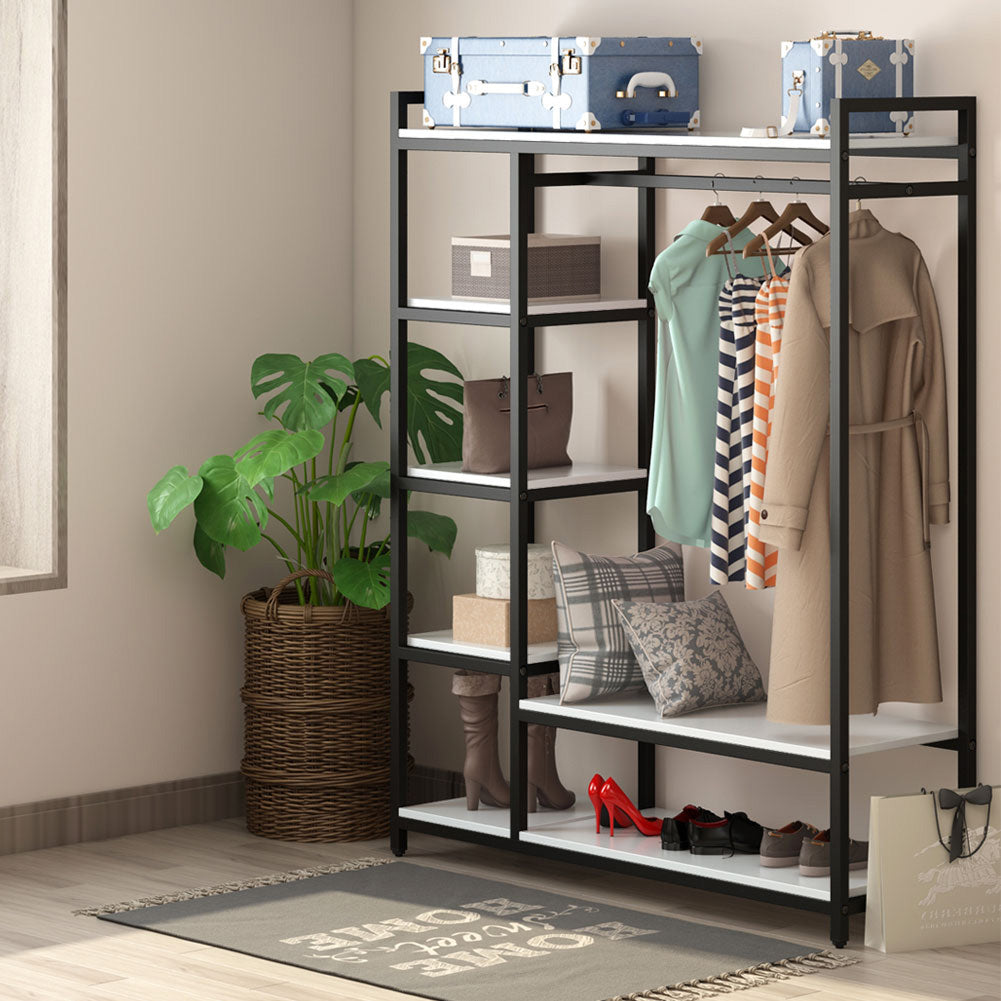 Little tree Free Standing Closet Organizer Heavy Duty Closet Storage with 6 Shelves and Hanging Bar Large Clothes Storage Standing Garmen Rack Little Tree