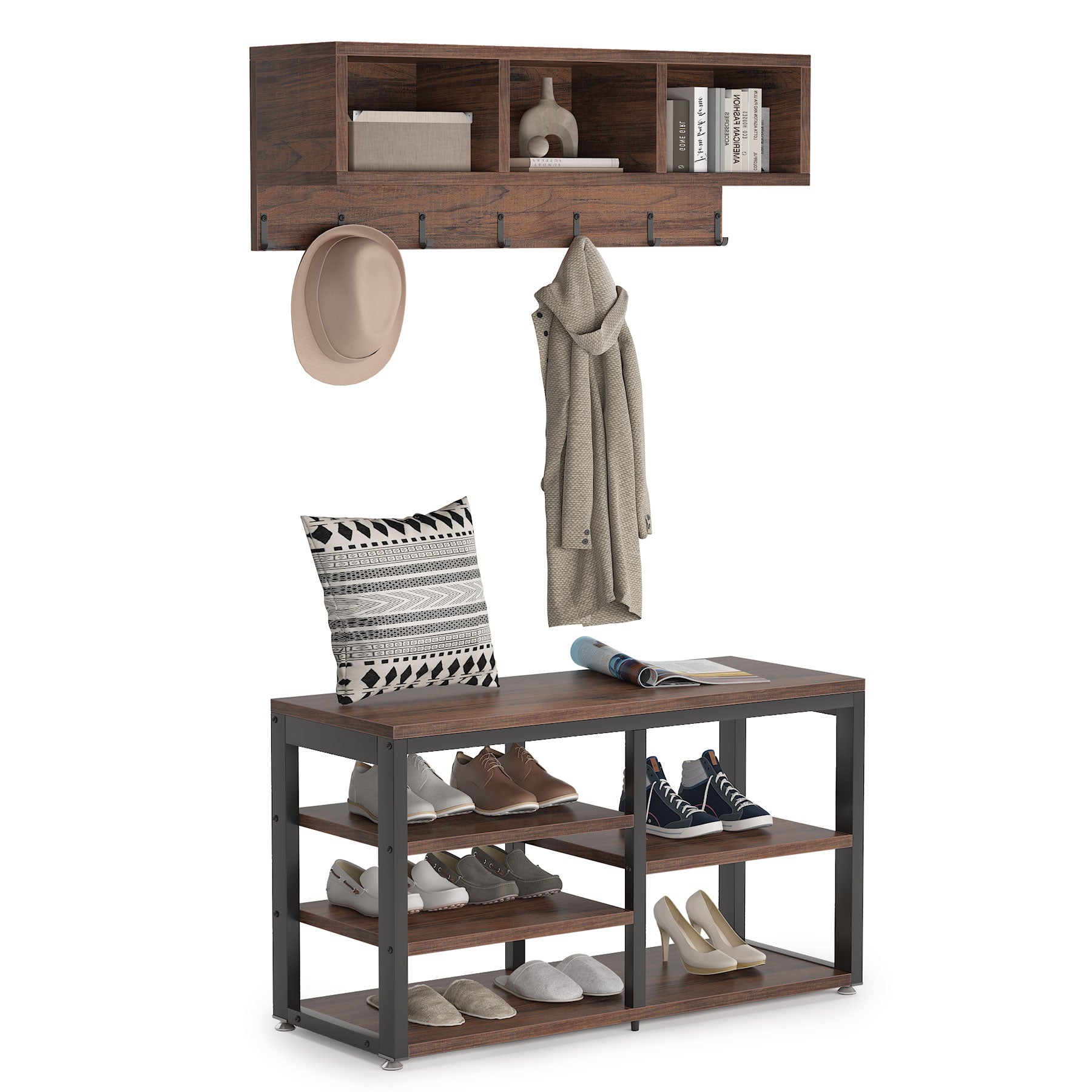 Industrial Coat Rack Shoe Bench Set