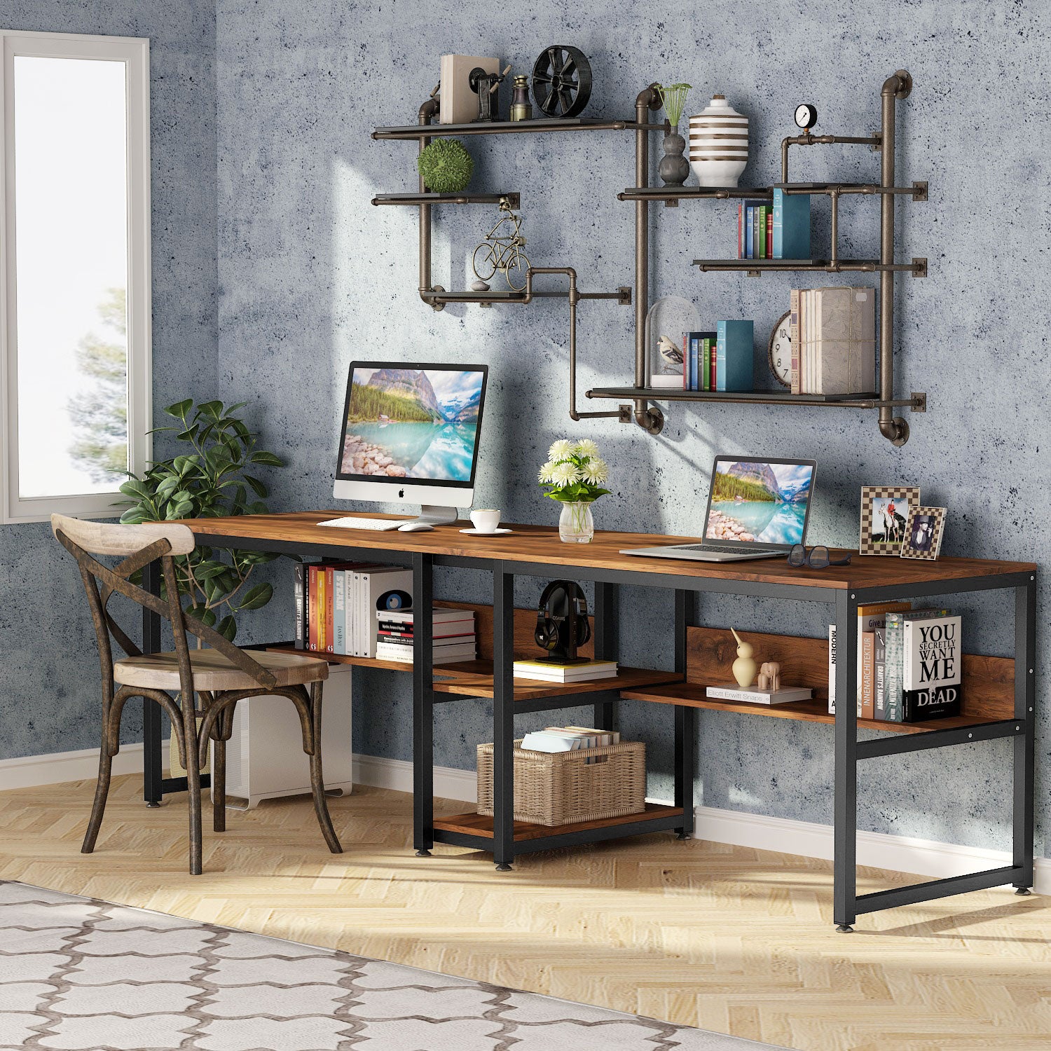 78.7" Two Person Desk with Bookshelf